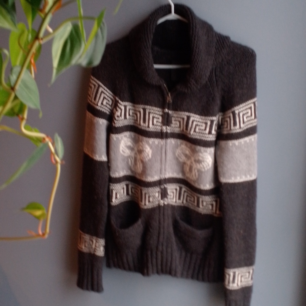 Aritzia Brown and Cream Geometric Zip-Front Cardigan